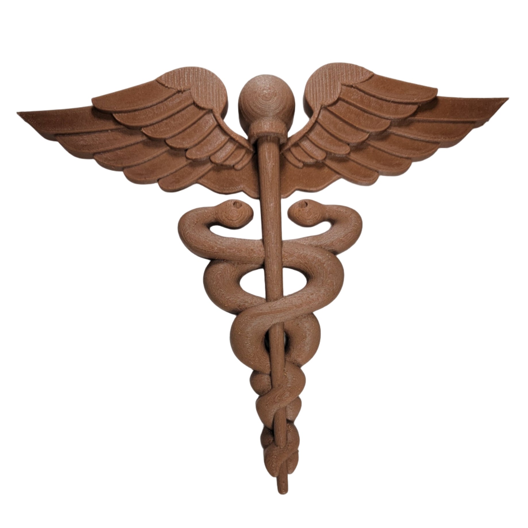 Wooden wall decoration with wings and a snake on a white background