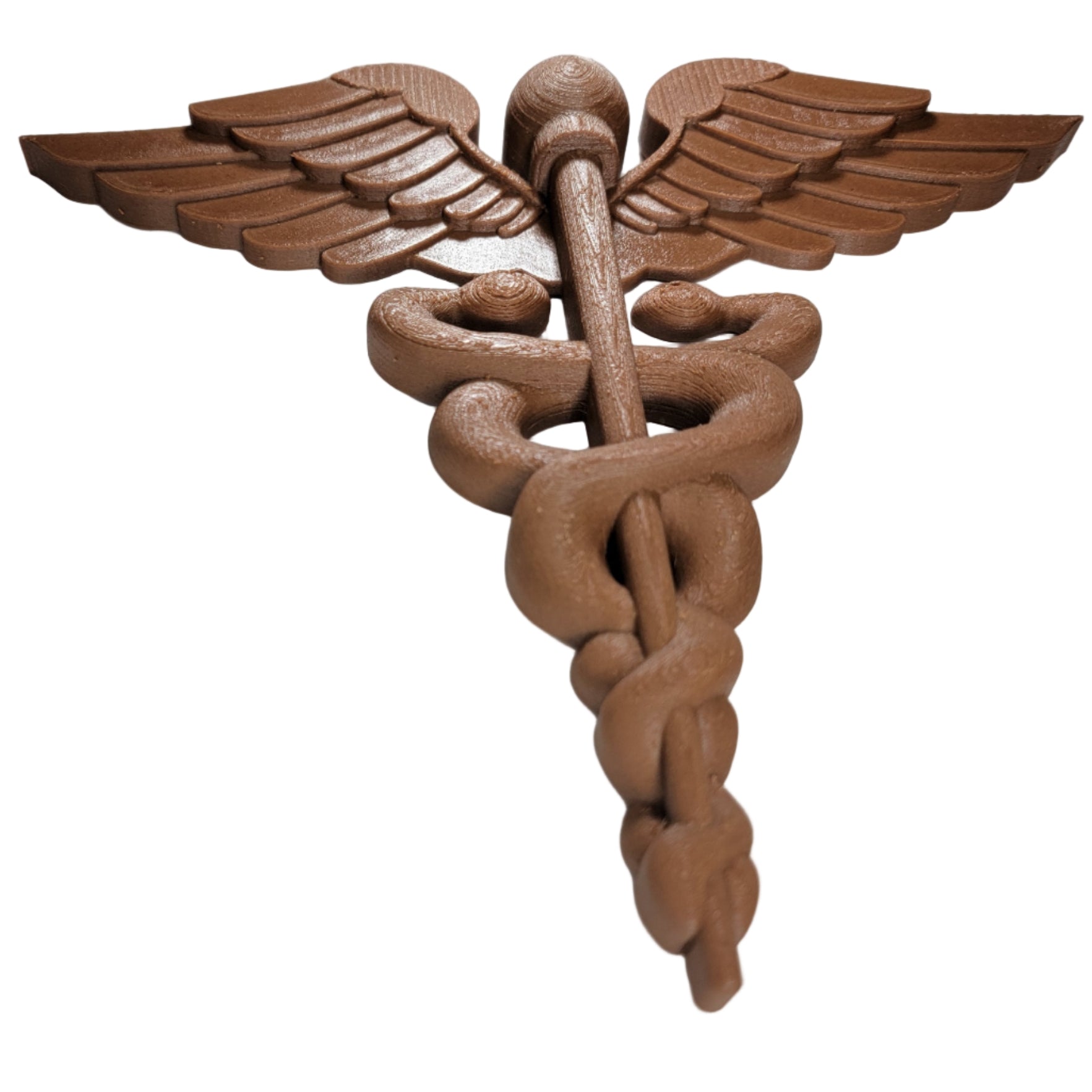 Handcrafted wooden caduceus symbol with snakes and wings.