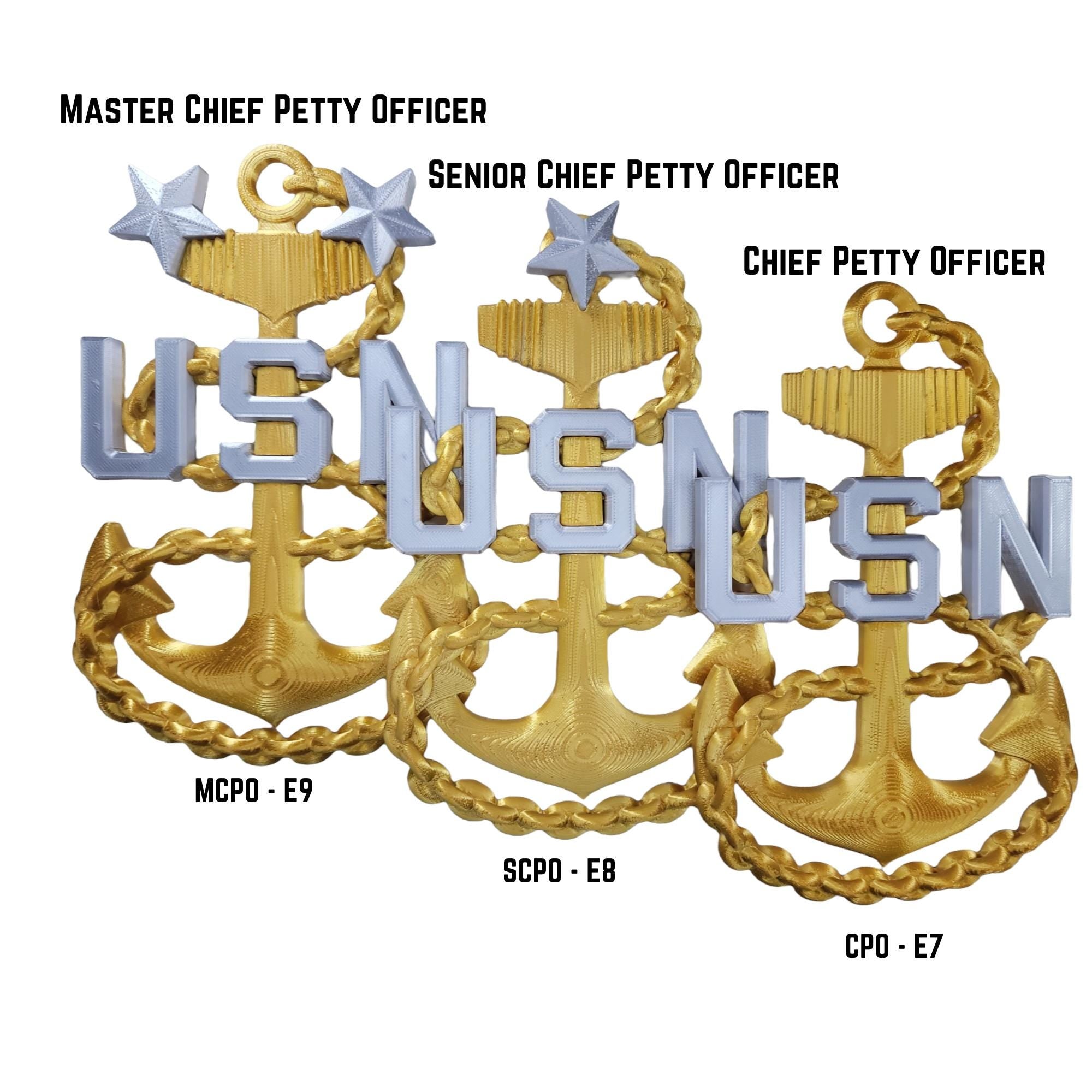 Navy rank insignias featuring anchors and stars, labeled from Chief Petty Officer to Master Chief Petty Officer.