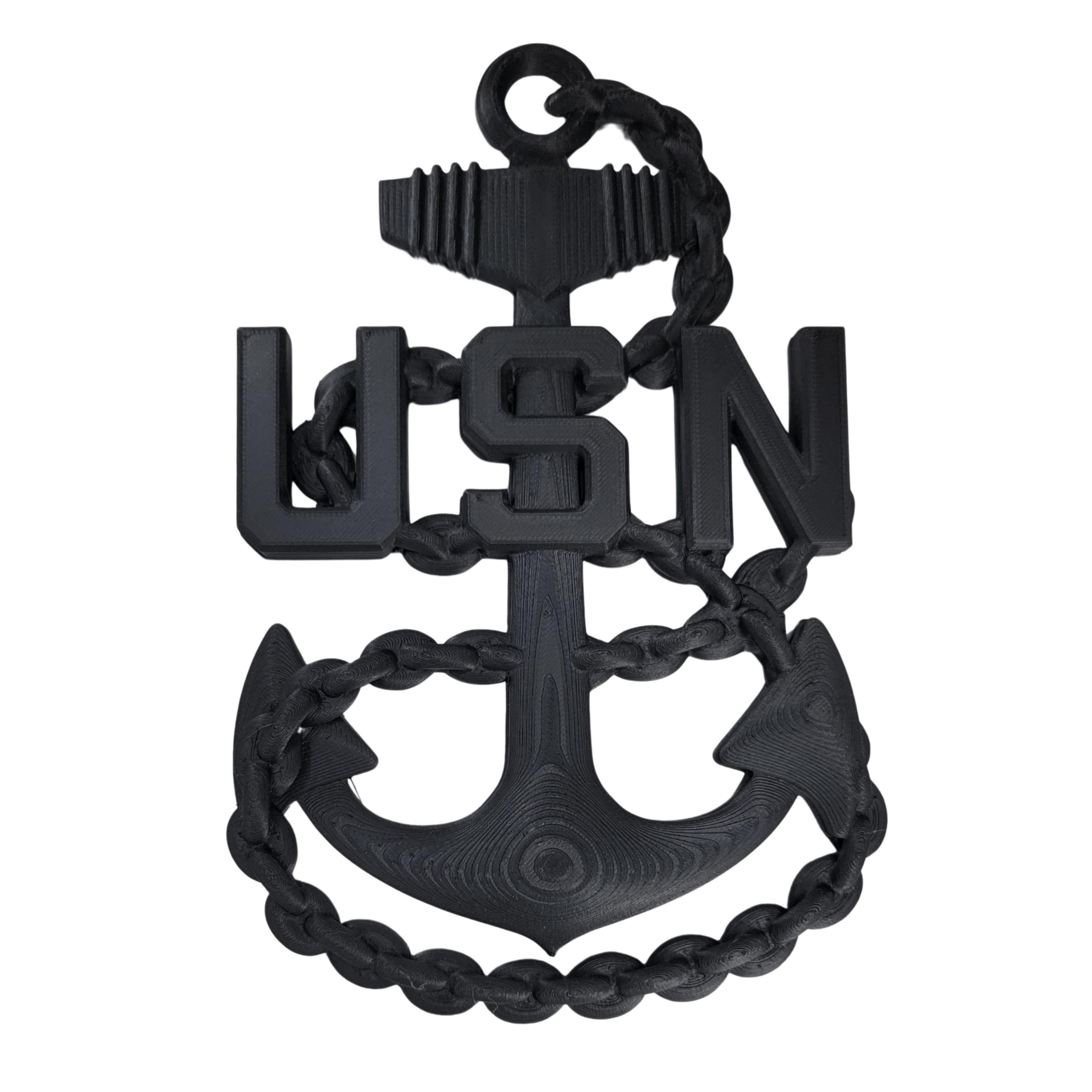 Black USN anchor emblem with chain on a white background