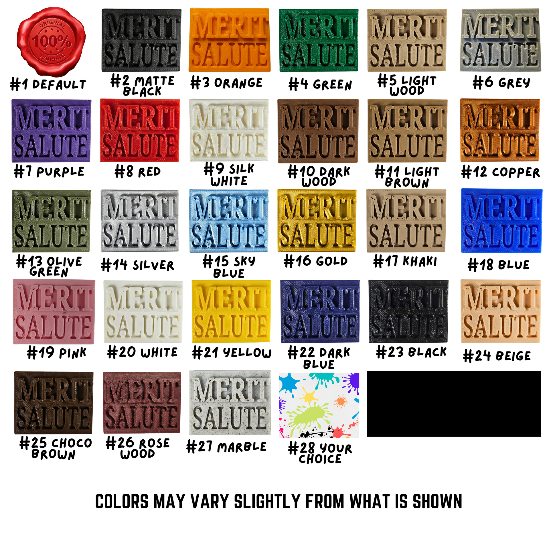 Color swatch chart with 28 finish options, including matte black, light wood, copper, silver, gold, marble, and more, labeled from #1 Default to #28 Your Choice.