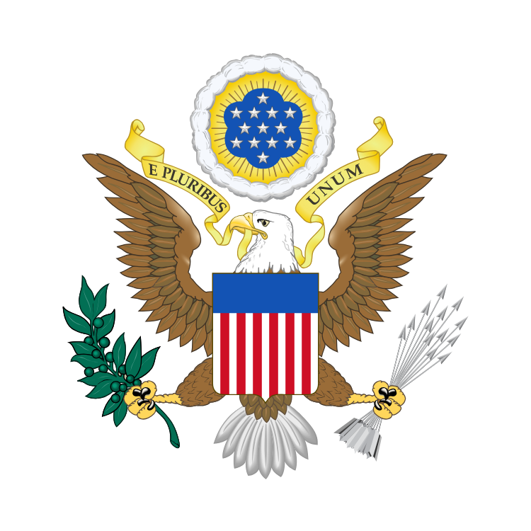Coat of arms with an eagle, shield, and American flag on a white background