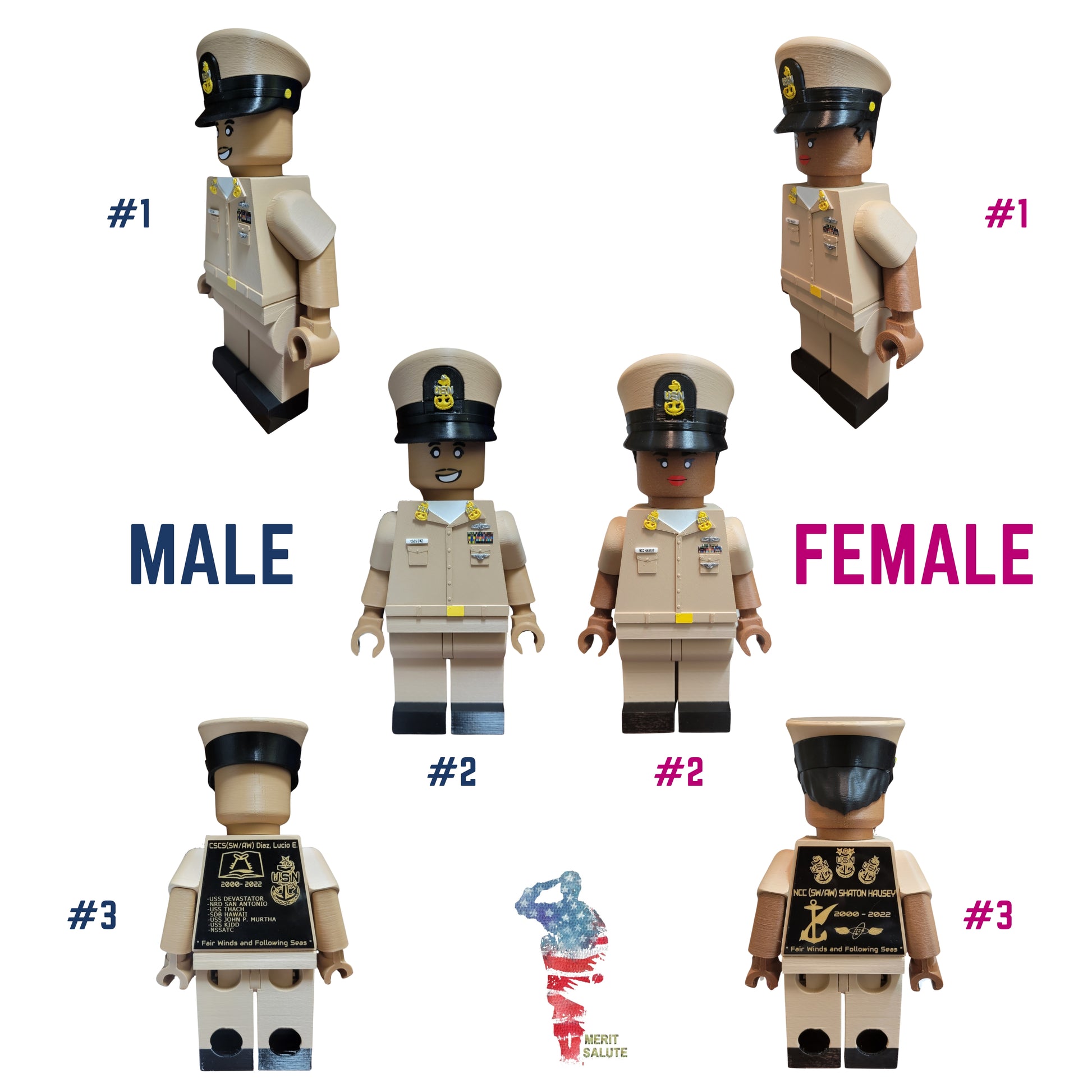 Set of military-themed figurines with labels for gender and design variations on a white background.