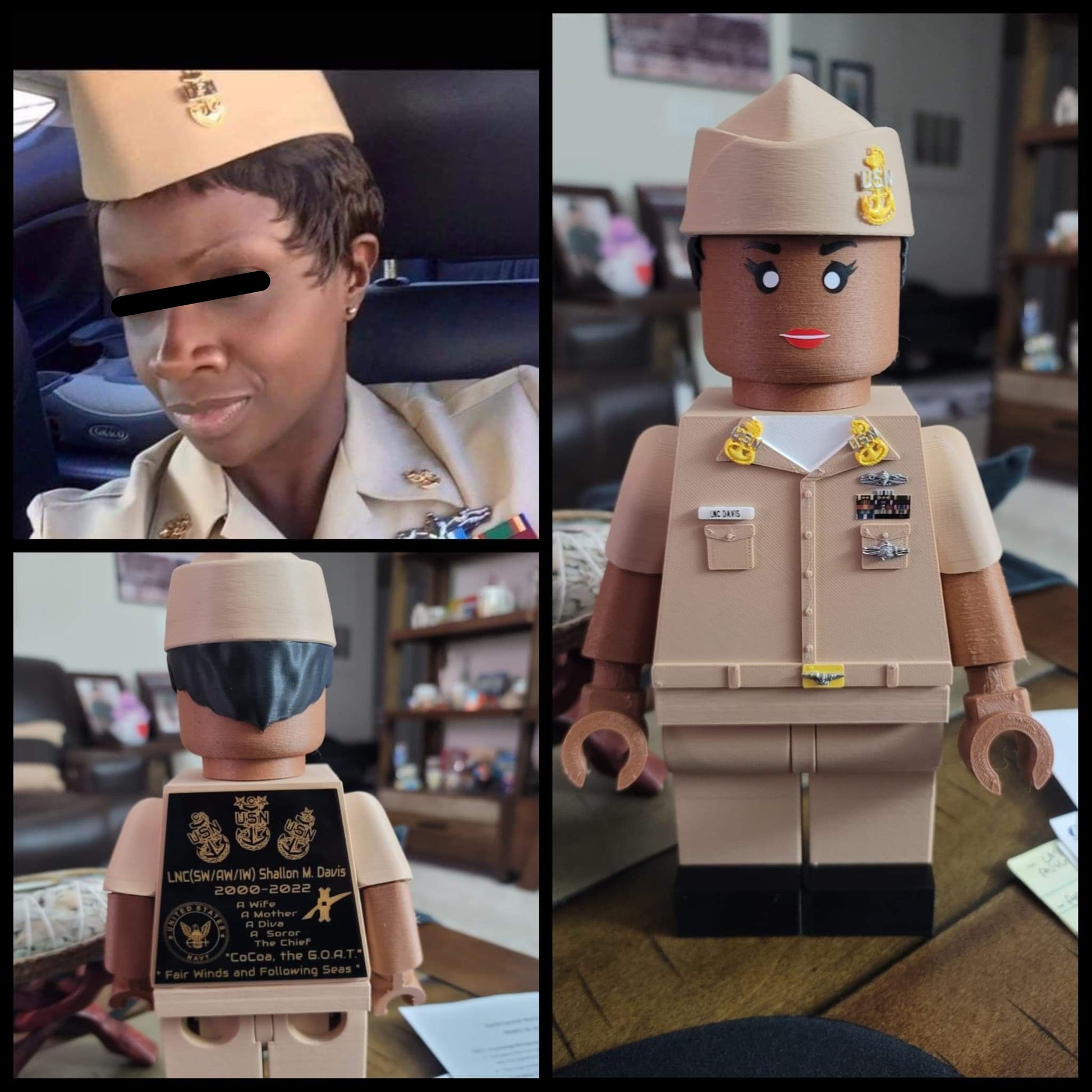 Collage of a person in military uniform with a close-up, a toy figure, matching the person in uniform