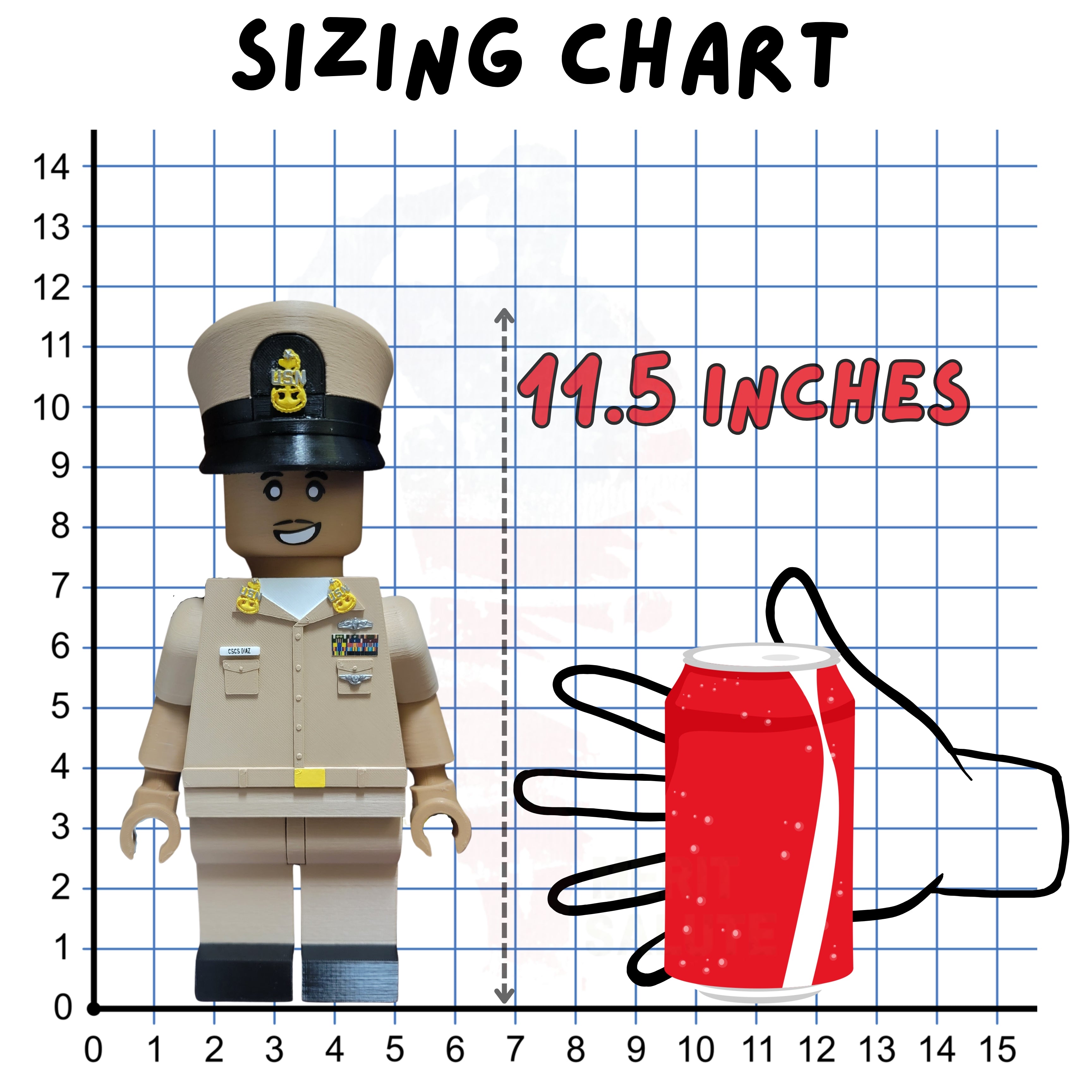 Sizing chart with a figure and a can of pop on a grid background