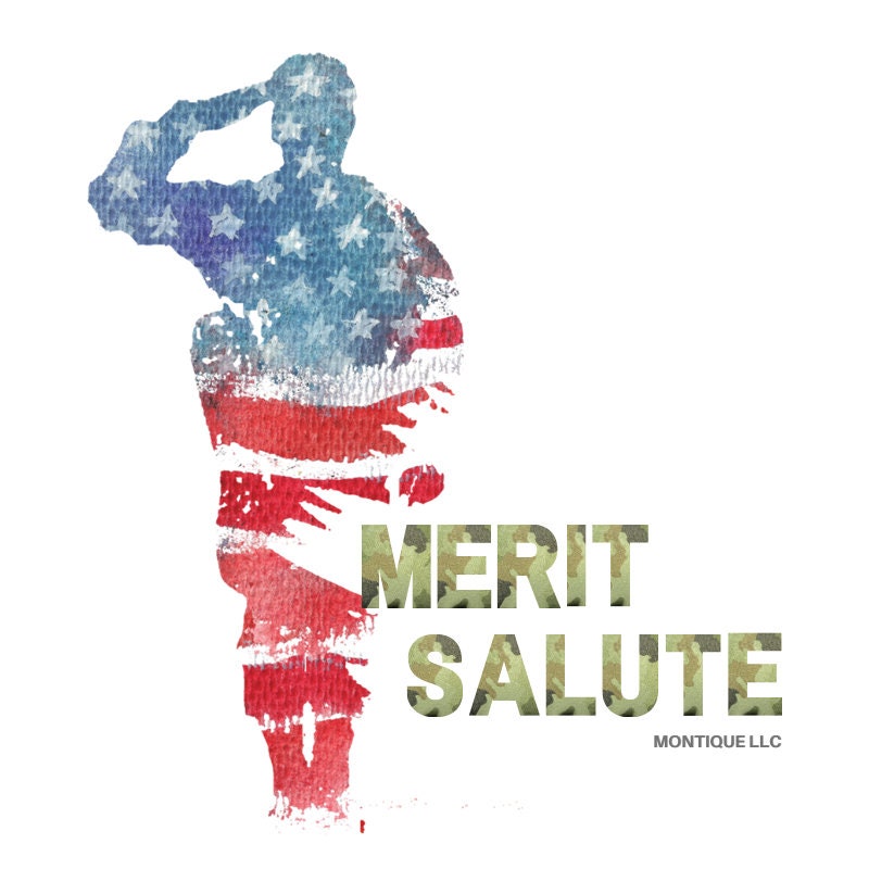 Soldier wrapped in a USA flag representing the Company Logo with the words MeritSalute