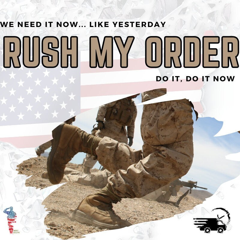 Promotional graphic with military-themed text and imagery, featuring boots and a flag.