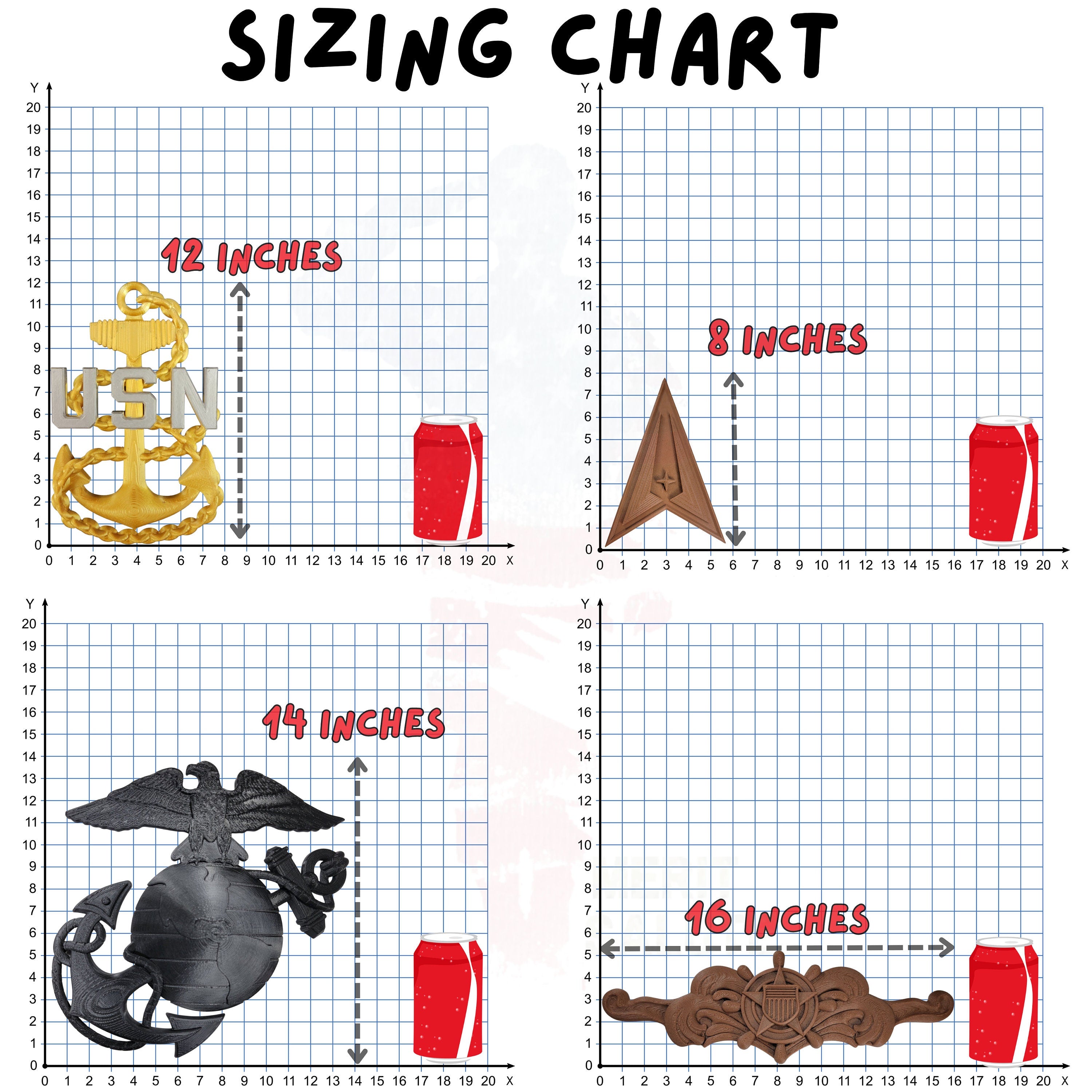 Sizing chart showing military insignia examples measured against a grid with a soda can for scale: Navy Chief anchor at 12 inches, folded flag display at 8 inches, Marine Corps Eagle Globe and Anchor at 14 inches, and decorative wooden crest at 16 inches.