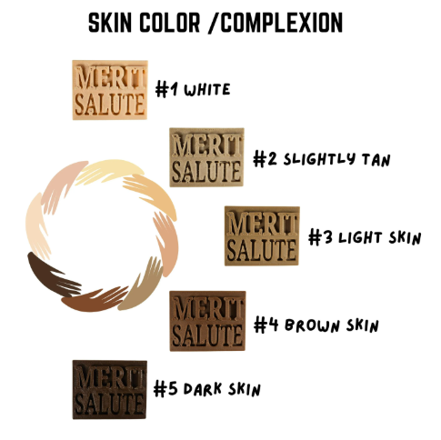 Color swatches labeled with 'Mert Salute' for different skin tones on a white background.